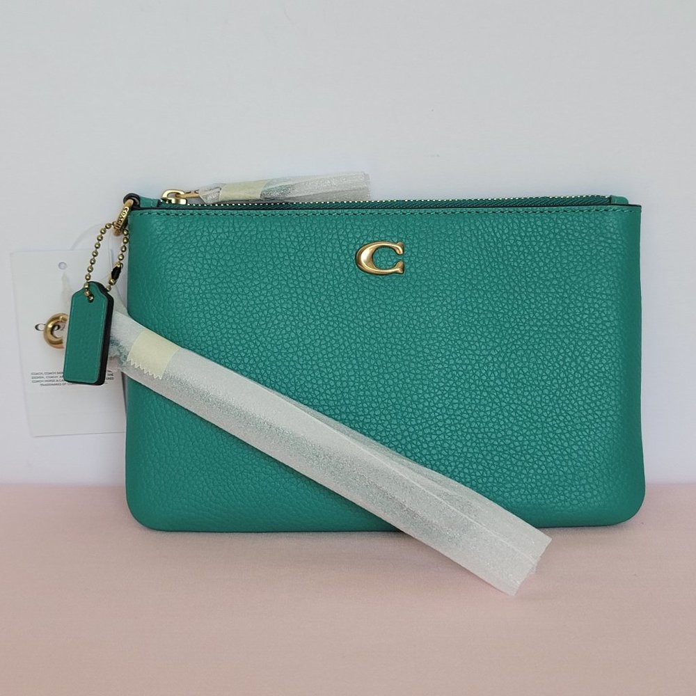 COACH Small Wristlet in Polished Pebbled Leather -Bright Green Color⭐